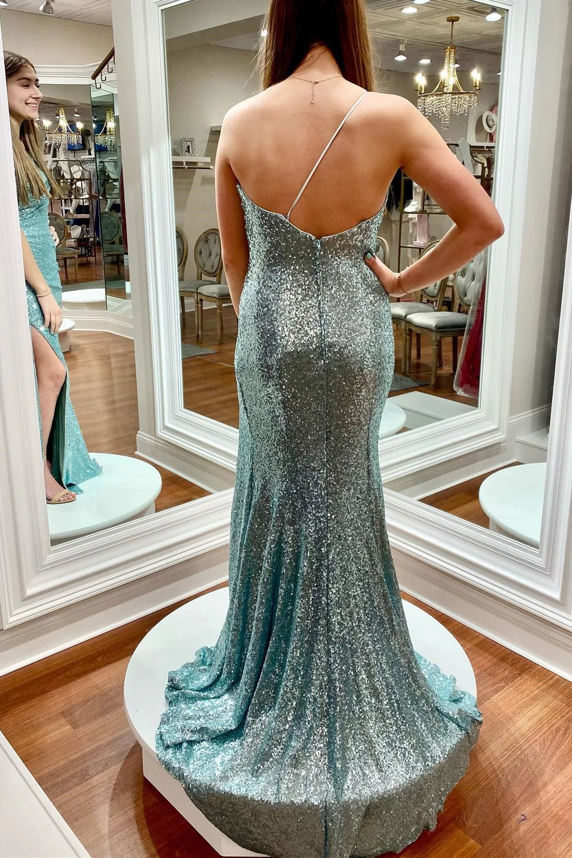 Formal Wear Dresses One Shoulder Backless Light Blue Sequin Mermaid Long Formal Dress Prom Dress Stores With Prom Dresses 